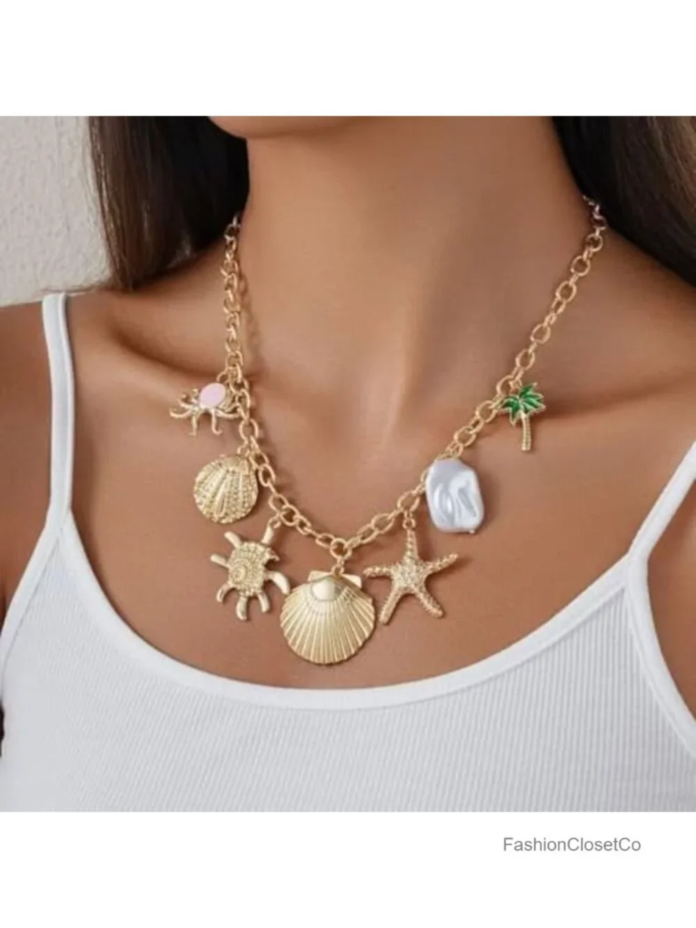 Vintage Boho Beach Charm Necklace - Chunky Gold Tone Statement Jewelry